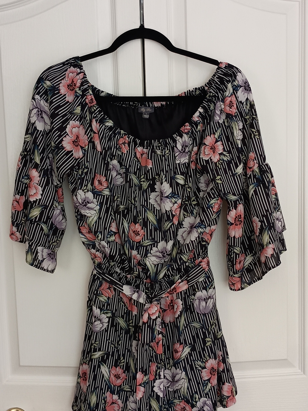 Lily Rose Black Floral Off-Shoulder One Piece Shorts Jumpsuit with Tie Waist - Picture 3 of 8